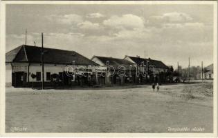 1936 Újkécske (Tiszakécske), Templom tér, Gazdasági Hitelszövetkezet, Spitzer üzlete. Andrássy Jenő kiadása + Vezsenyi Szőllők Postai Ügyn.