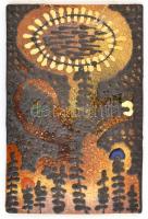 Sarkadi retró absztrakt falikép, mázas kerámia, hátoldalán jelzett és Iparművészeti Vállalat címkéjével, 31x20,5 cm