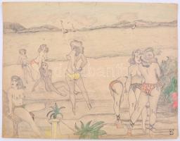 Jelzés nélkül: Aktok a Balatonnál. Ceruza, papír, hajtásnyommal, kisebb szakadással  27x19 cm