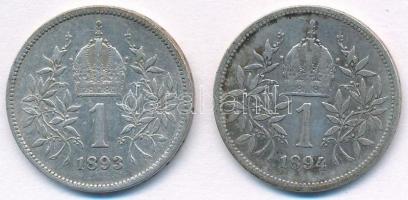 Ausztria 1893-1894. 1K Ag "Ferenc József" (2x) T:2,2-  
Austria 1893-1894. 1 Corona Ag &q...