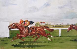 JK (?) 1918 jelzéssel: Vágta a lóversenyen. Akvarell, papír, 21,5x33 cm