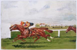 JK (?) 1918 jelzéssel: Vágta a lóversenyen. Akvarell, papír, 21,5x33 cm