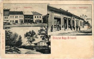 1901 Nagybiccse, Nagy-Bittse, Bytca; Fő tér, Gyufagyár, Vár utca, zsinagóga, piac, Fried Israel, Friedler Ignác, Kohn Vilmos, Leimdorfer E. és Kohn Mór üzlete. Id. Kohn Mór kiadása / main square, market, synagogue, shops, street, match factory (r)