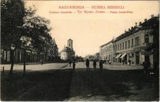 Nagykikinda, Kikinda; Ferenc József tér, templom, könyvkereskedés, üzletek / square, church, shops