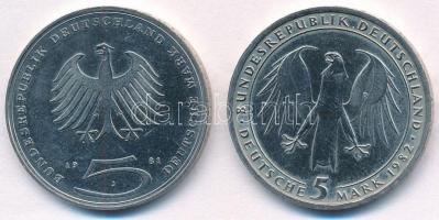 NSZK 1981J 5M Cu-Ni "Gotthold Ephraim Lessing" + 1982D 5M Cu-Ni "Johann Wolfgang Goet...