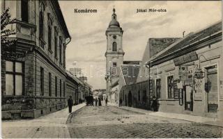 Komárom, Komárnó; Jókai Mór utca, templom, Girch József üzlete / street, church, shops