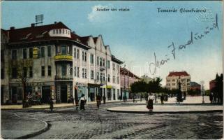 1915 Temesvár, Timisoara; Józsefváros, Scudier tér, Martin Pál, Dolvetke Emil és Krémer üzlete. Vasúti levelezőlapárusítás / Iosefin, square, shops