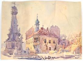 Koráb Boldizsár (1926-2013): Vár 1945-46 (Romos Budai Várnegyed). Akvarell, papír, jelzett, lap szélén szakadással, 40,5×30 cm