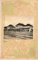 Versec, Werschetz, Vrsac; vasútállomás. Szecessziós keret, Kehrer Lajos kiadása / Bahnhof / railway station. Art Nouveau
