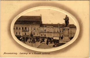 1913 Marosvásárhely, Targu Mures; Széchenyi tér, Kossuth szobor, Portland Czement, Bútprportál és bolt asztalosműhely, Márványi könyv, Csonka fényképészet, Porcellán áruház,  Reichardsperg J. és társa üzlete, Adi Árpád Kossuth nyomdája / square, statue, shops