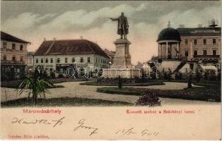 1904 Marosvásárhely, Targu Mures; Kossuth szobor a Széchenyi téren, takarékpénztár, Bucher Lajos, Dudutz István és Ferenc, Babos Egyed, Bartscht Károly, Henning Károly üzlete / statue, square, savings bank, shops