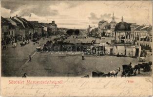 1904 Marosvásárhely, Targu Mures; Fő tér, lovashintók, kút / main square, horse chariots, well