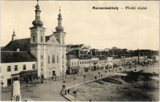 Marosvásárhely, Targu Mures; Fő tér, templom, Oláh István és János, Lukács János és Lang Béla üzlete / main square, shops, church