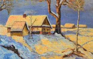 Olvashatatlan jelzéssel: Napfényes téli táj. Olaj, fa, sérült (felületén karcolásokkal), 40x59,5 cm