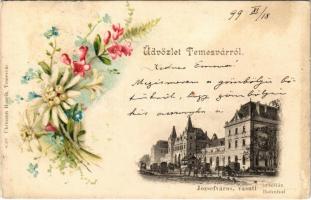 1899 Temesvár, Timisoara; Józsefváros, vasúti indóház, vasútállomás. Uhrmann Henrik 8523. / Josefstädter Bahnhof / Iosefin railway station. floral, litho (kis felszíni sérülés / small surface damage)