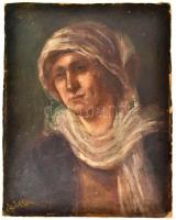 Jámbor Rózsi (?-?), 1910-30 körül: Fejkendős hölgy. Olaj, karton, sérült, hátoldalán müncheni művészellátó elkopott bélyegzője, 48,5x38 cm