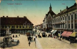 Temesvár, Timisoara; Gyárváros, emlékmű, Fő tér, villamos, Kunovsky Rezső, Csendes és Fischer, Wilheim Fülöp, Steingaszner Ferenc üzlete / Fabrica, main square, monument, tram, shops (fa)