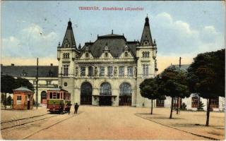 1914 Temesvár, Timisoara; Józsefváros, pályaudvar, villamos, vasútállomás. MÁV levelezőlapárusítás 50. 1914. / Josefstädter Bahnhof / Iosefin railway station, tram