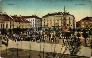 1912 Temesvár, Timisoara; Jenő herceg tér, térzene zenekarral, Rukavina emlékmű, Turul cipőgyár Részv. Társ. főraktára, Temesi Agrár takarékpénztár / square, music band, shops, monument, savings bank