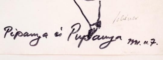 Schéner Mihály (1923-2009): Pipanya és pupanya. Filctoll, papír, kartonra kasírozva, sérült fa keret...