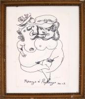 Schéner Mihály (1923-2009): Pipanya és pupanya. Filctoll, papír, kartonra kasírozva, sérült fa keret...
