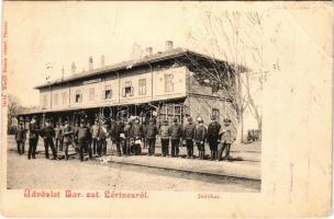 1905 Szentlőrinc, Baranya-Szt. Lőrinc, vasútállomás, vasutasok. Blancz József kiadása (EB)