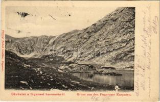 1904 Fogarasi-havasok (Fogarasi Kárpátok), Fogarascher Karpathen, Muntii Fagarasului; Üdvözlet a fogarasi havasokról. Fleissig Jakab kiadása / mountains, lake