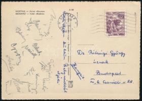 1955 Belgrád, A Honvéd vízilabda csapatának aláírása képeslapon (Svéda, Bánhidi, Németh, stb.)