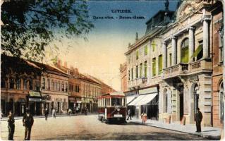 Újvidék, Novi Sad; Duna utca, villamos, Raab Károly üzlete / street, tram, shops (kis szakadás / small tear)