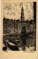 Hamburg, Flet bei der Trostbrücke / bridge, art postcard. Verlag Trautmann & von Seggern Serie 100/1. (fa)