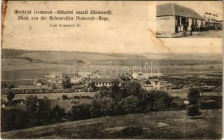 1911 Homoród-Kőhalom, Homorod-Rupea; vasútállomás, szálloda és vendéglő, vonatok / Bahnstation / railway station, hotel and restaurant, trains