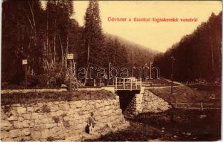 1914 Tiszolc, Tisovec; Fogaskerekű vasúti híd, Fogasrúd kezdet tábla. Kreisler József kiadása / cogwheel railway bridge (fa)