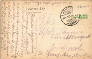 1911 Homonna, Homenau, Humenné; Fő utca, kereskedelmi és Iparbank, piac, Halász J. és Spiegel Áron ü...