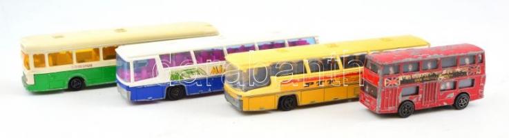 4 db kis méretű játék busz, francia és brit gyártmányok, kopott, egyik sérült, h: 13,5 és 7,5 cm