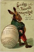 1906 Boldog Húsvéti ünnepeket / Easter greeting, rabbit with egg. Emb. golden litho