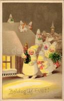 Children New Year greeting art postcard. M. Munk Vienne Nr. 895. litho s: Pauli Ebner