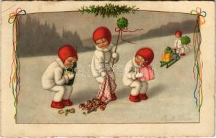 1929 Children Christmas greeting art postcard. A.R. No. 2644. litho s: Pauli Ebner (EK)