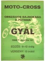 1987 Gyál, Moto-Cross országos bajnoki futam plakátja, hajtásnyomokkal, 64×44 cm