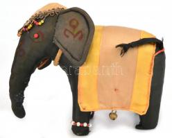 Elefánt, műszál borítással, díszes öltözetben, ormánya javított, lábainál kopásnyomokkal, m: 16 cm