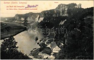 Rathen (Sächsische Schweiz), Bastei. An Bord des Dampfers "Bastei" der Sächs.-Böhm. Dampfschiffahrts-Gesellschaft / steamship, ship station. Orig.-A. Hugo Engler Königl. Sächs. Hofphotogr. (fl)