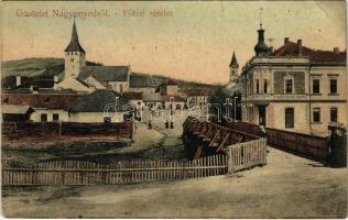 Nagyenyed, Aiud; Fő tér, Gazdasági bank, fahíd / main square, bank, wooden bridge (EK)