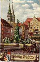 1912 Nürnberg, Nuremberg; Neptunbrunnen a. d. Hauptmarkt / fountain, market, vendors, shop of Georg. Jos. Meier, coat of arms. Raphael Tuck & Sons Oilette Serie Nürnberg IV No. 662. B. (EK)