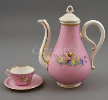 Teás-kávés szett, hiányos: Kiöntő fedéllel, cukortartó fedél nélkül, 3 db csésze aljjal, részben kéz...