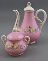 Teás-kávés szett, hiányos: Kiöntő fedéllel, cukortartó fedél nélkül, 3 db csésze aljjal, részben kéz...