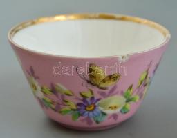 Teás-kávés szett, hiányos: Kiöntő fedéllel, cukortartó fedél nélkül, 3 db csésze aljjal, részben kéz...