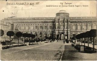 1909 Dresden, Kgl. Zwinger Gemälde-Gallerie mit Denkmal Friedrich August d. Grossen / art gallery, monument (EK)