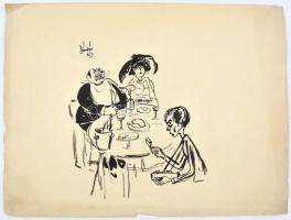 Göndör Bertalan (1908-1945): Az ínyenc. Tus, papír, jelzett, lap szélén szakadásokkal, 30×40 cm