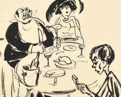 Göndör Bertalan (1908-1945): Az ínyenc. Tus, papír, jelzett, lap szélén szakadásokkal, 30×40 cm