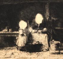 Munkácsy Mihály (1844-1900): Konyhában. Munkácsy egyetlen rézkarca, papír, jelzett a karcon, foltos,...