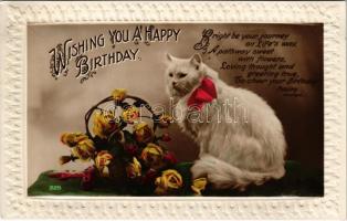 Wishing you a happy birthday! Birthday greeting card with cat and flowers. Emb.